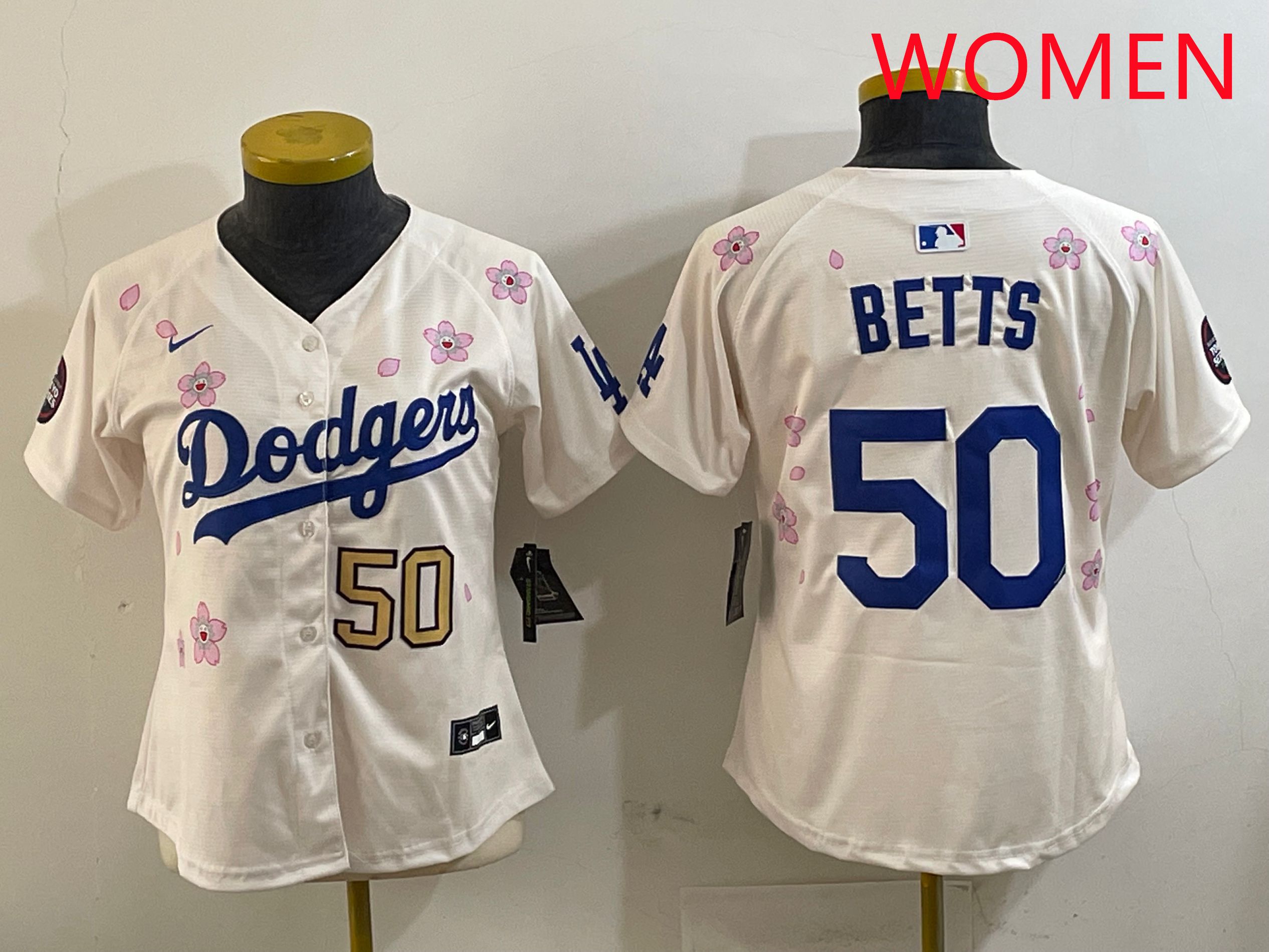 Women Los Angeles Dodgers #50 Betts Cream Sakura Edition 2025 Nike MLB Jersey style 8->women mlb jersey->Women Jersey